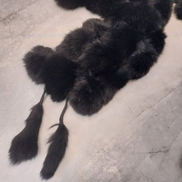 100% Genuine Rabbit Fur Scarf Black Long 71" x 7" Pompons Tassel Authentic Soft - Picture 5 of 9